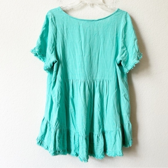 Umgee Green Babydoll Linen Cotton Ruffle Tunic Blouse Top Frayed Hem Sz M - Picture 9 of 12